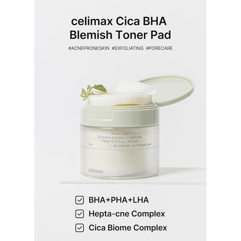 Celimax Ji Woo Gae Cica BHA Blemish Toner Pad — Тонер падове с BHA, PHA, LHA и 7 ботанически екстракта 60 бр. 135ml