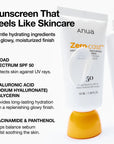ANUA Zero Cast Moisturizing Finish Sunscreen SPF50+ – Хидратиращ слънцезащитен крем без бял филм с ниацинамид и хиалурон (50 мл)